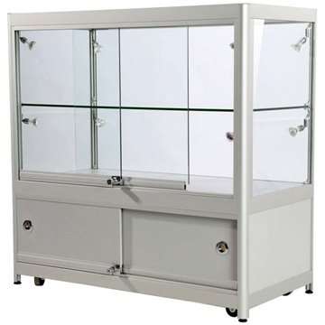 Vitrine glasskab - Showcase Counter Duo glasmontre med underskab, LED lys og lås - sølv