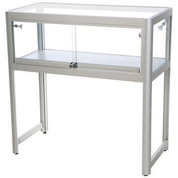 Showcase Desk Duo, alu/sølv, glasmontre med LED lys og lås