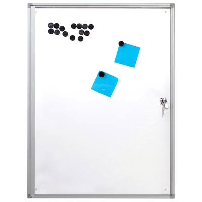 Infoboks med magnetisk whiteboard og lås foran, indendørs