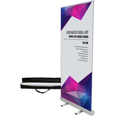 Business Roll-up, enkeltsidet, 85 cm, alu/sølv, inkl. taske med lang lynlås og bannerprint