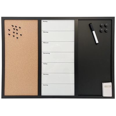 Kombitavle med kork- og kridttavle + whiteboard ugeplan med tysk tekst